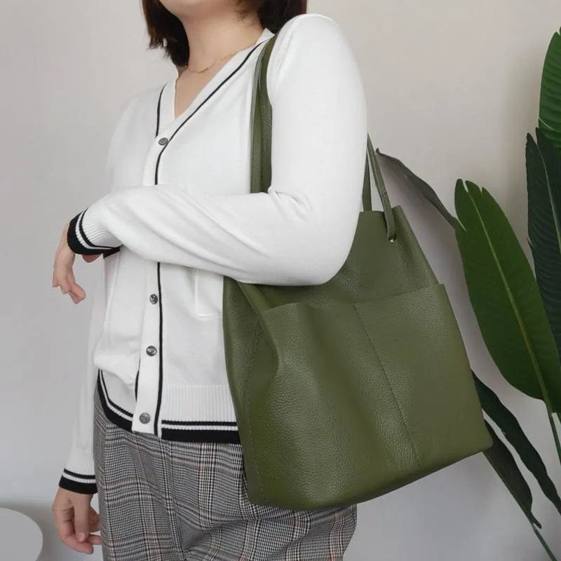 Fashion Womens Black Leather Tote Bag Vertical Brown Shoulder Tote Bag Bucket Tote For Women