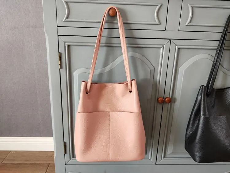 Fashion Womens Black Leather Tote Bag Vertical Brown Shoulder Tote Bag Bucket Tote For Women