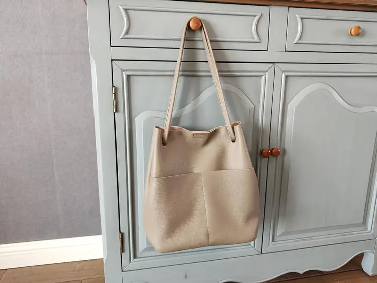 Fashion Womens Black Leather Tote Bag Vertical Brown Shoulder Tote Bag Bucket Tote For Women