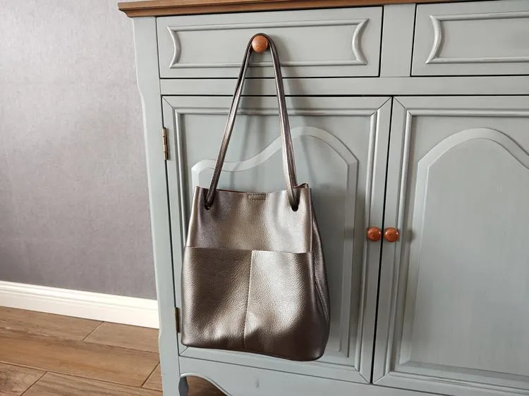 Fashion Womens Black Leather Tote Bag Vertical Brown Shoulder Tote Bag Bucket Tote For Women