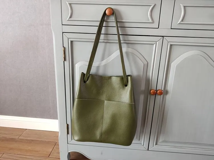 Fashion Womens Black Leather Tote Bag Vertical Brown Shoulder Tote Bag Bucket Tote For Women