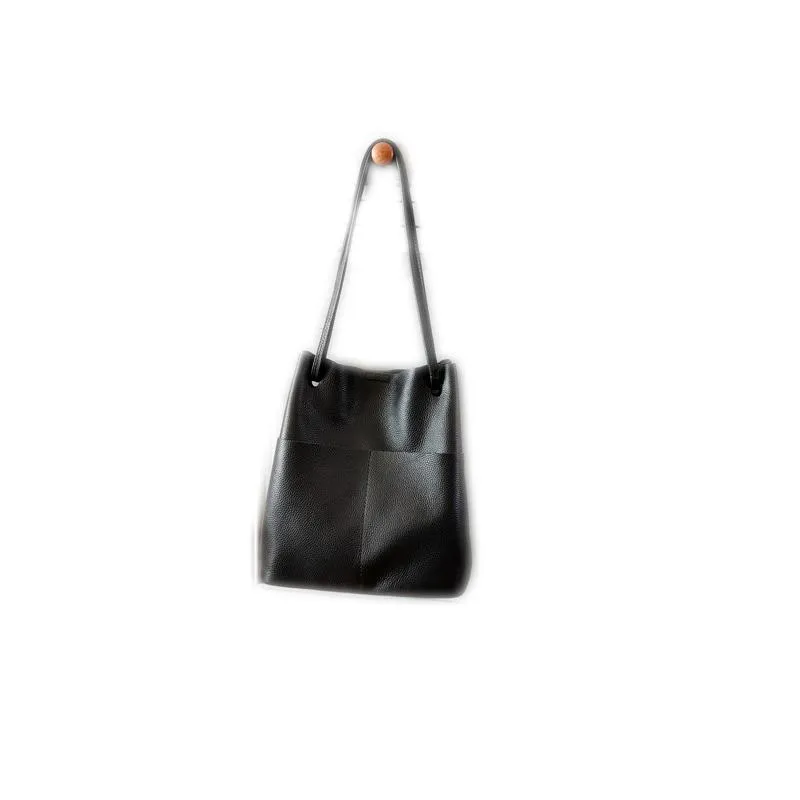 Fashion Womens Black Leather Tote Bag Vertical Brown Shoulder Tote Bag Bucket Tote For Women