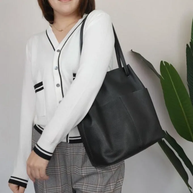 Fashion Womens Black Leather Tote Bag Vertical Brown Shoulder Tote Bag Bucket Tote For Women