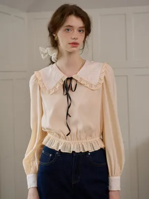【Final Sale】Jolie Doll Collar Contrasting Lace-up Pleated Blouse