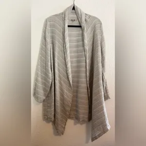 FLAX Gray Taupe Linen Gauzy Striped Open Draped Cardigan Lagenlook small