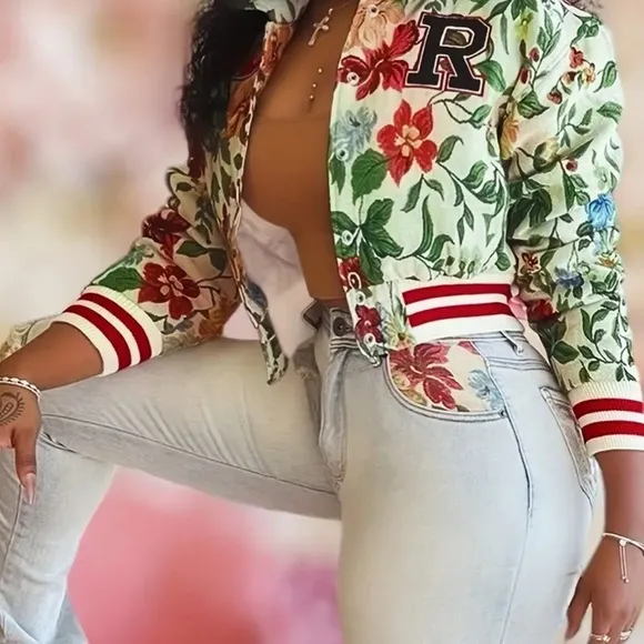 Floral Bomber Jacket with Red Accents
