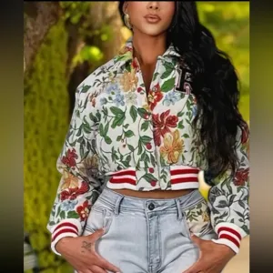 Floral Bomber Jacket with Red Accents