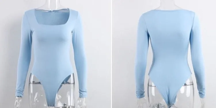 GlamAura® Women's Sexy Square Neck Bodysuit: Long Sleeve Double Lined Shirt Tops for Alluring Style
