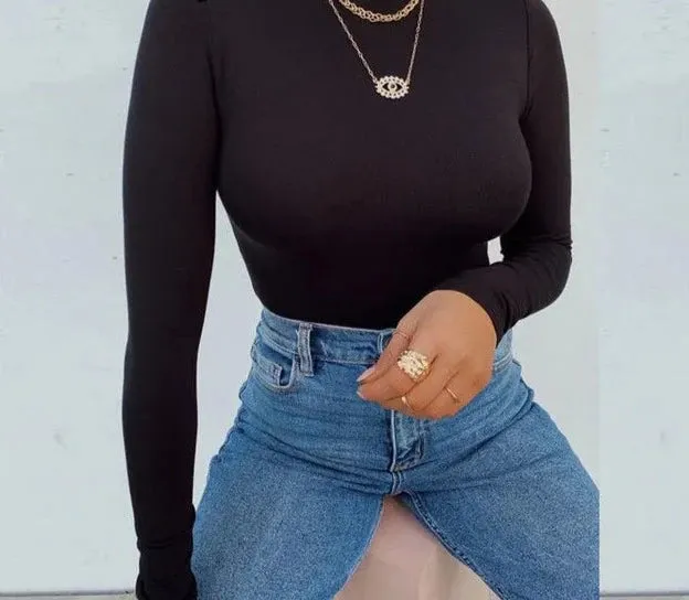 GlamAura® Women's Sexy Square Neck Bodysuit: Long Sleeve Double Lined Shirt Tops for Alluring Style