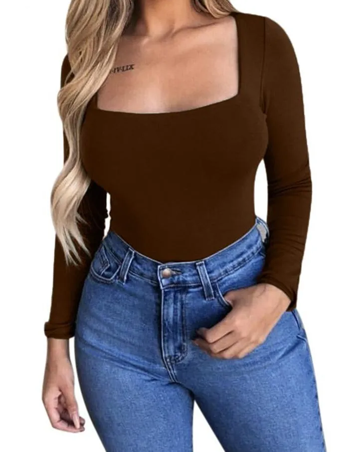GlamAura® Women's Sexy Square Neck Bodysuit: Long Sleeve Double Lined Shirt Tops for Alluring Style