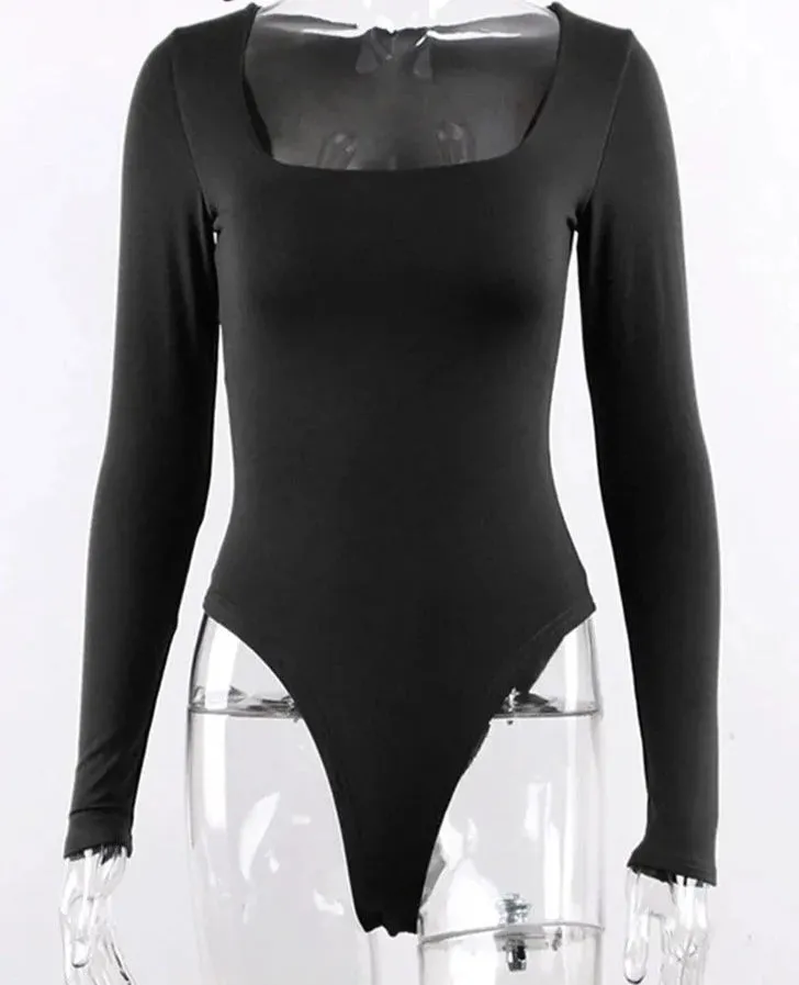 GlamAura® Women's Sexy Square Neck Bodysuit: Long Sleeve Double Lined Shirt Tops for Alluring Style