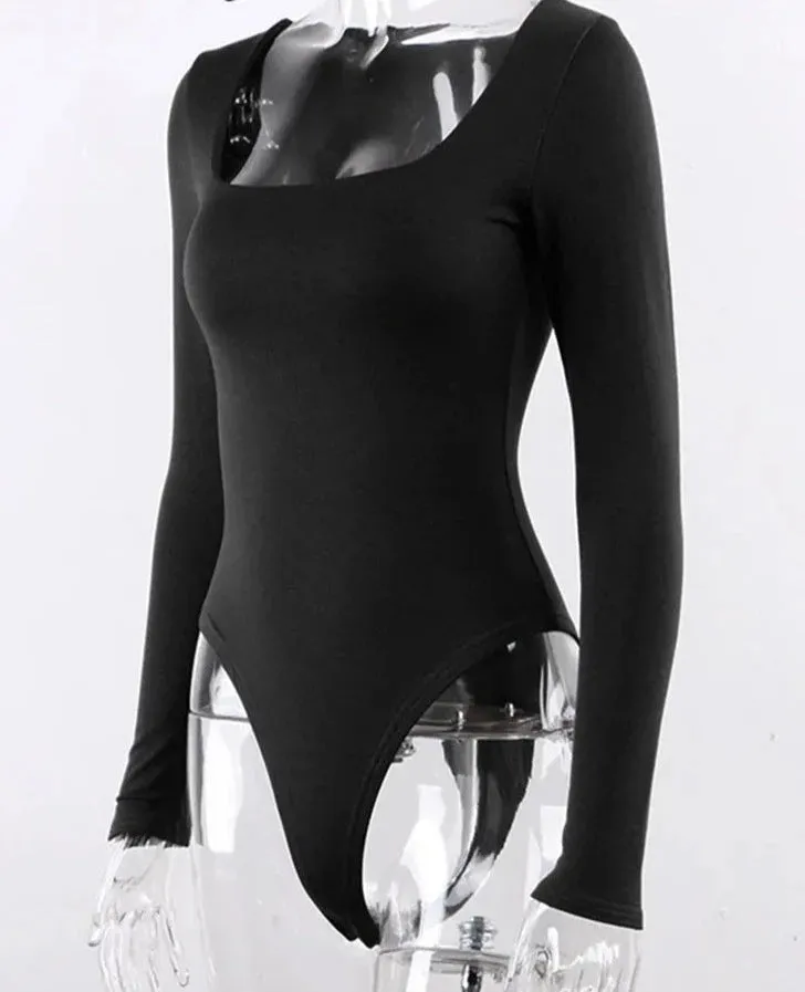 GlamAura® Women's Sexy Square Neck Bodysuit: Long Sleeve Double Lined Shirt Tops for Alluring Style