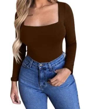 GlamAura® Women's Sexy Square Neck Bodysuit: Long Sleeve Double Lined Shirt Tops for Alluring Style