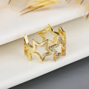 Gold Plated Micro Pave Open Star Trendy Adjustable Ring