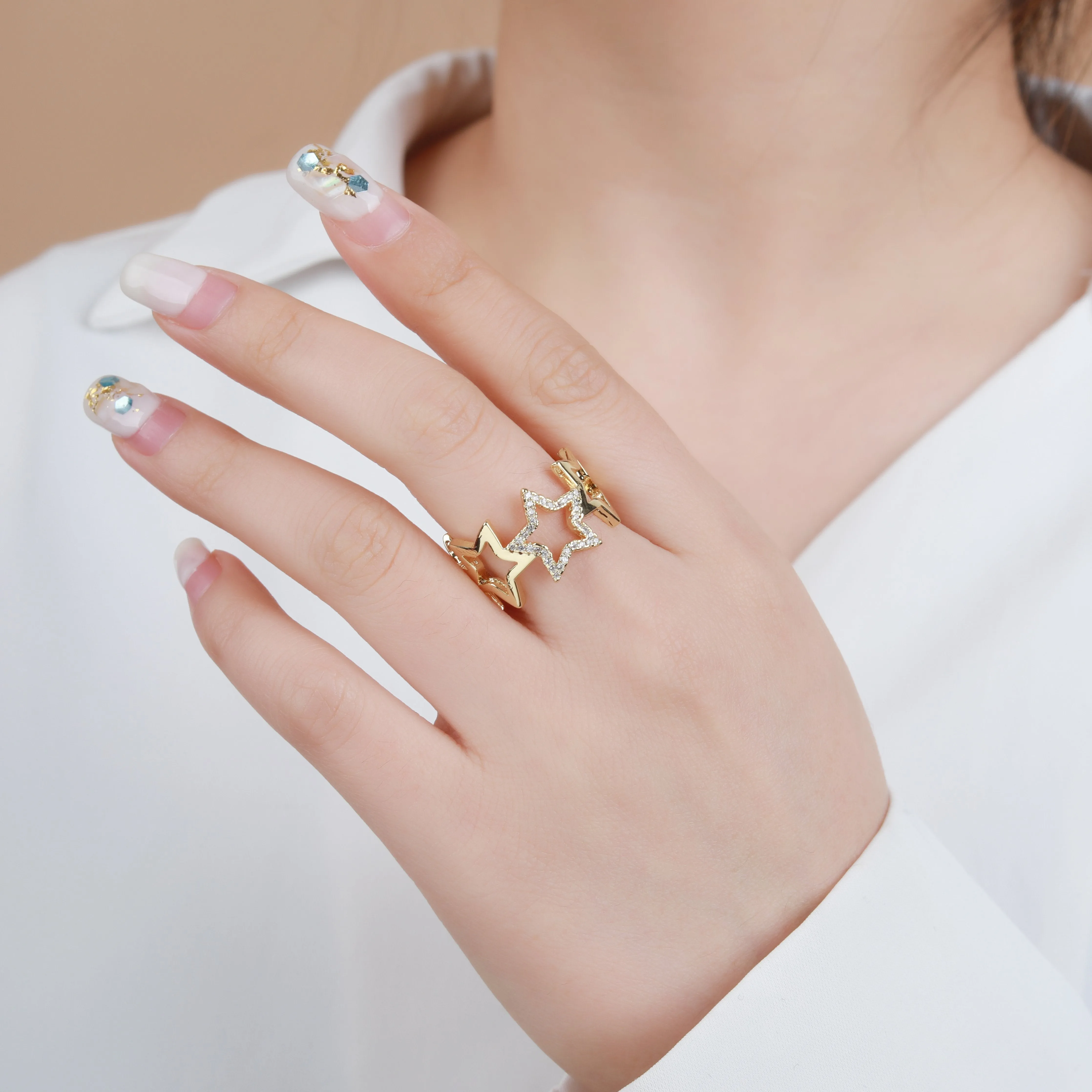 Gold Plated Micro Pave Open Star Trendy Adjustable Ring