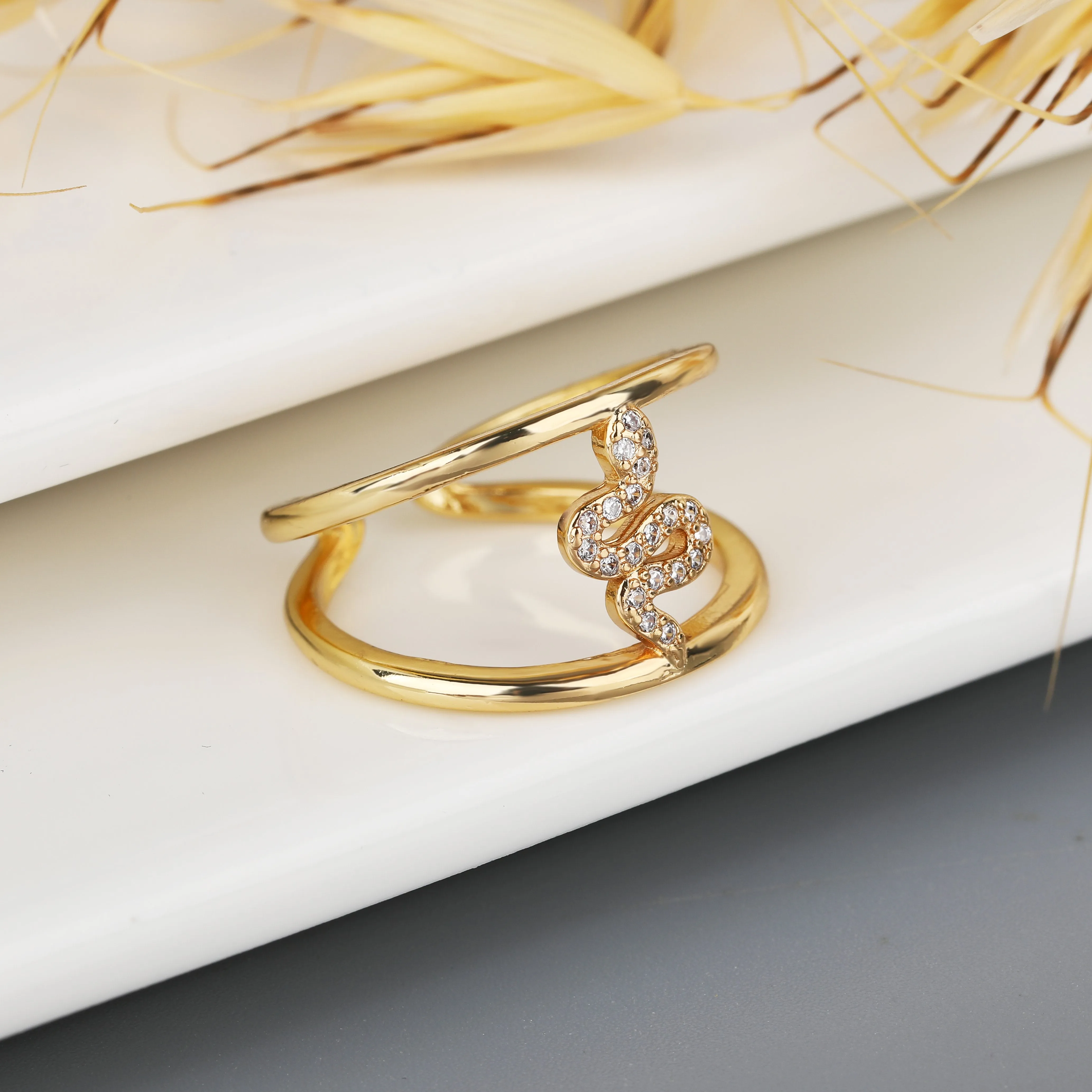 Gold Plated Micro Pave Snake, Serpent Trendy Adjustable Ring