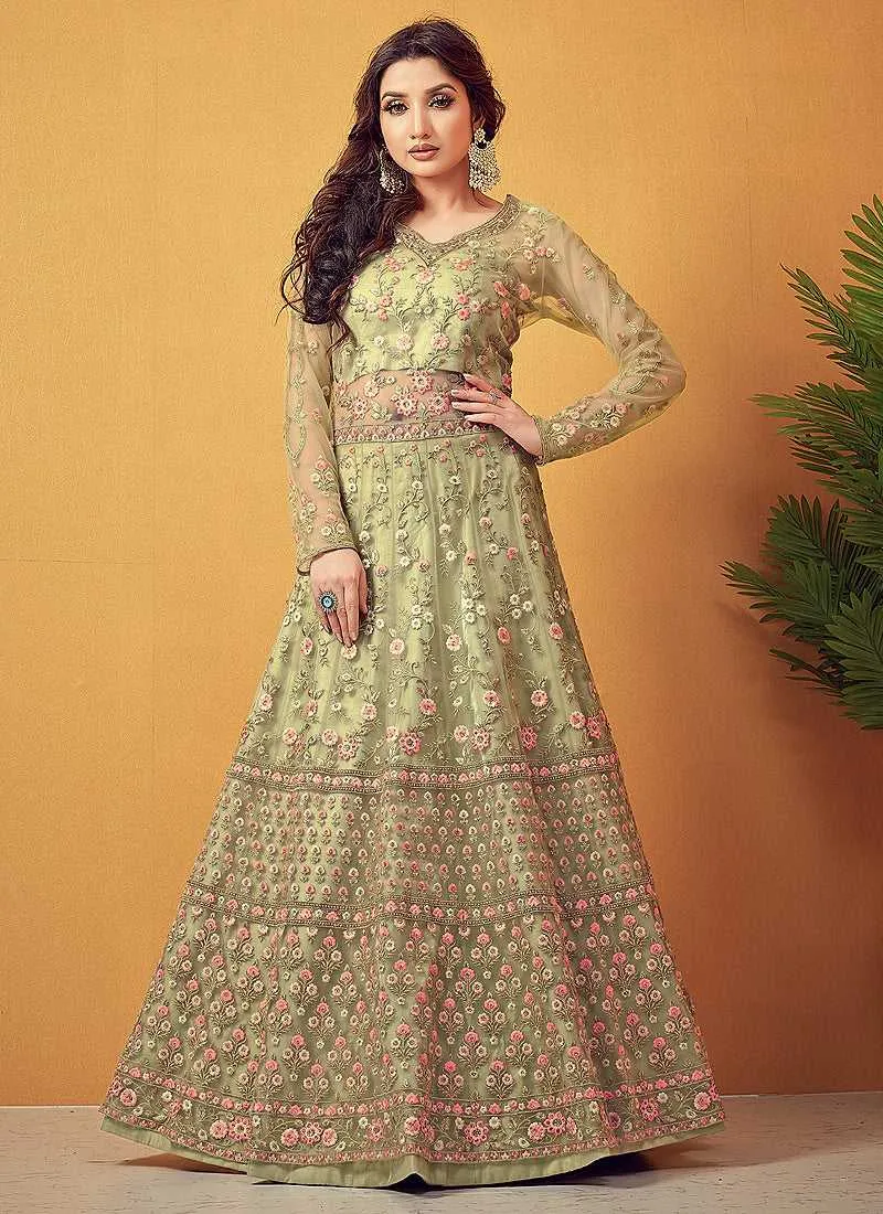 Green Floral Embroidered Designer Lehenga Style Anarkali
