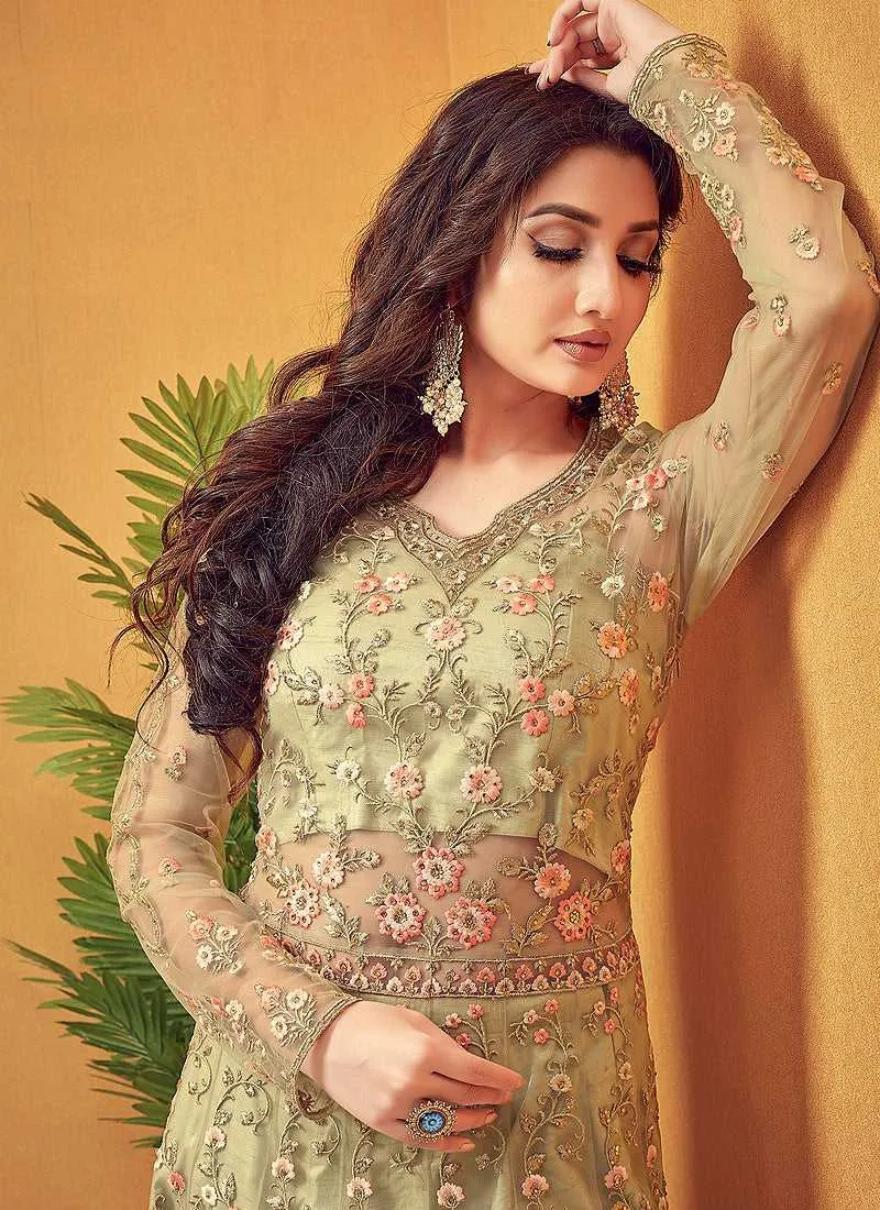 Green Floral Embroidered Designer Lehenga Style Anarkali