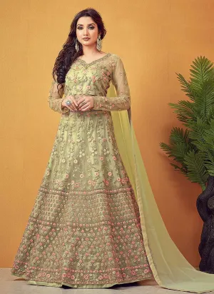 Green Floral Embroidered Designer Lehenga Style Anarkali