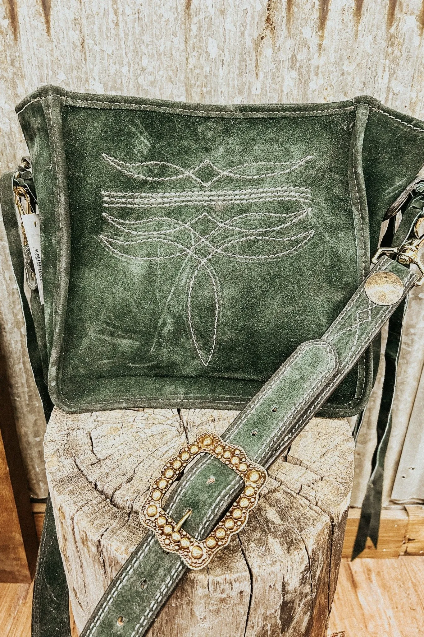 Green Suede Tote with Cream Bootstitch