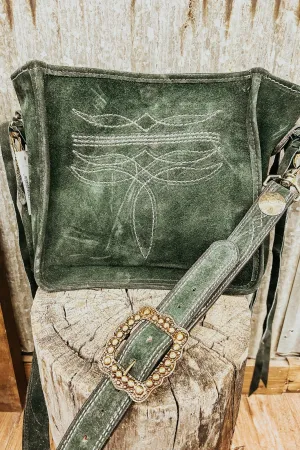 Green Suede Tote with Cream Bootstitch