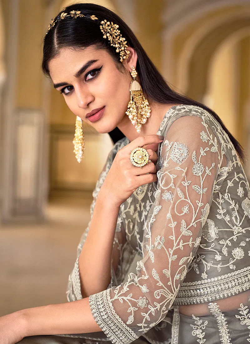 Grey Embroidered Lehenga/Pant Style Designer Anarkali