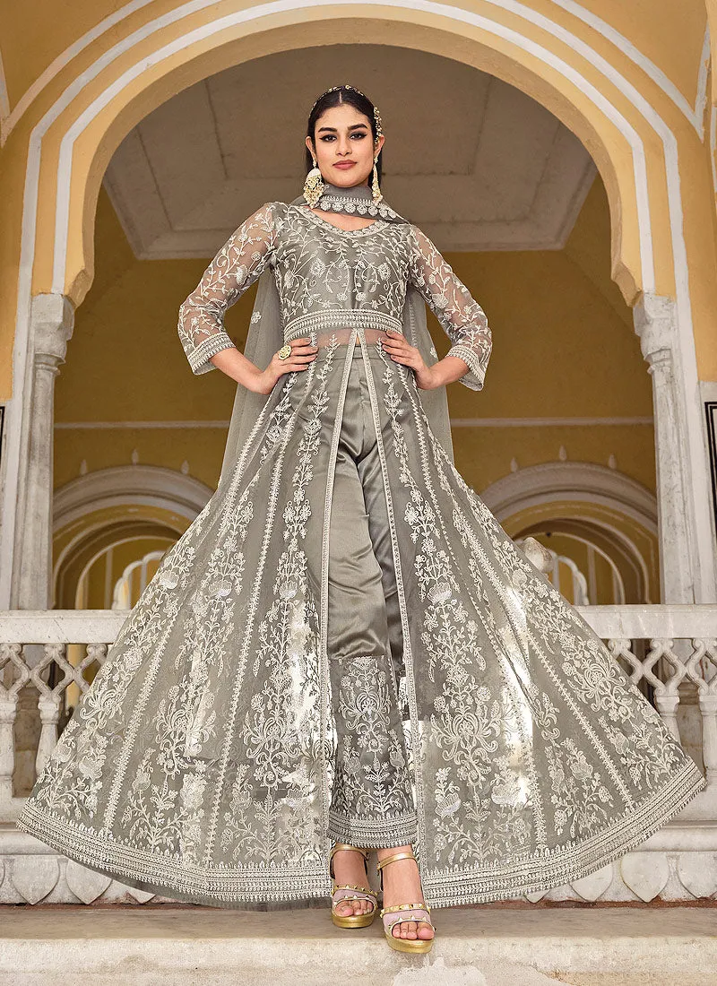 Grey Embroidered Lehenga/Pant Style Designer Anarkali