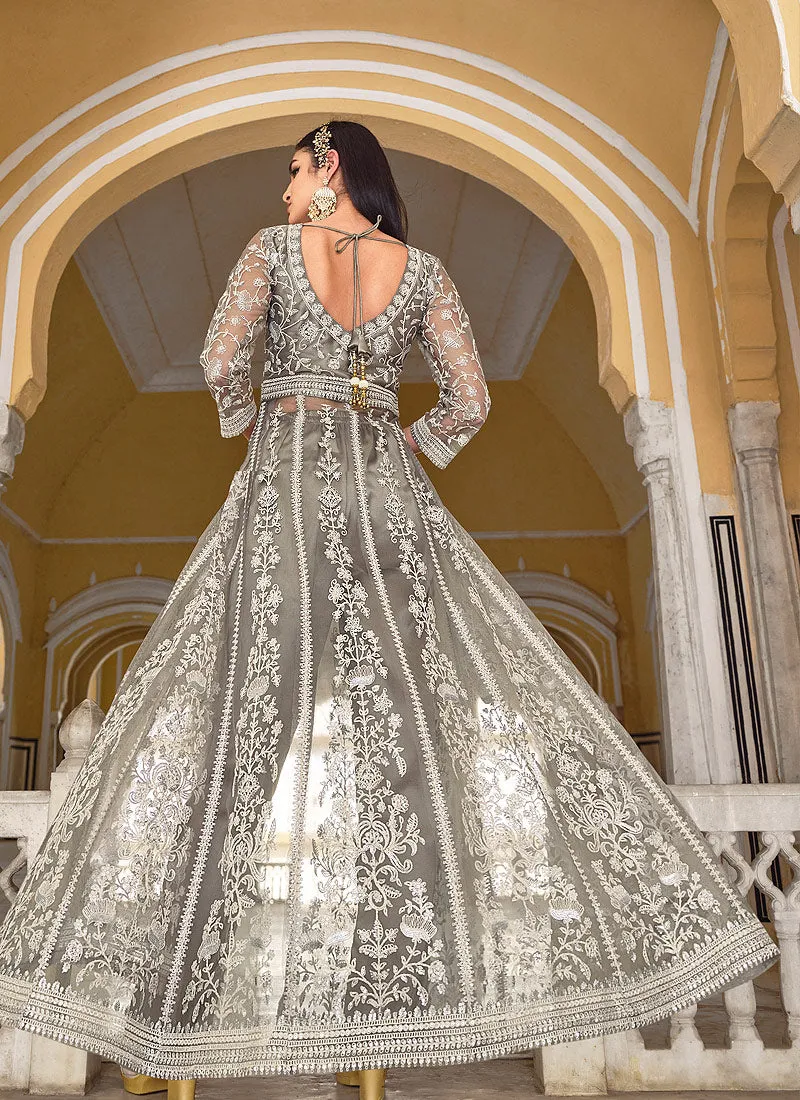 Grey Embroidered Lehenga/Pant Style Designer Anarkali