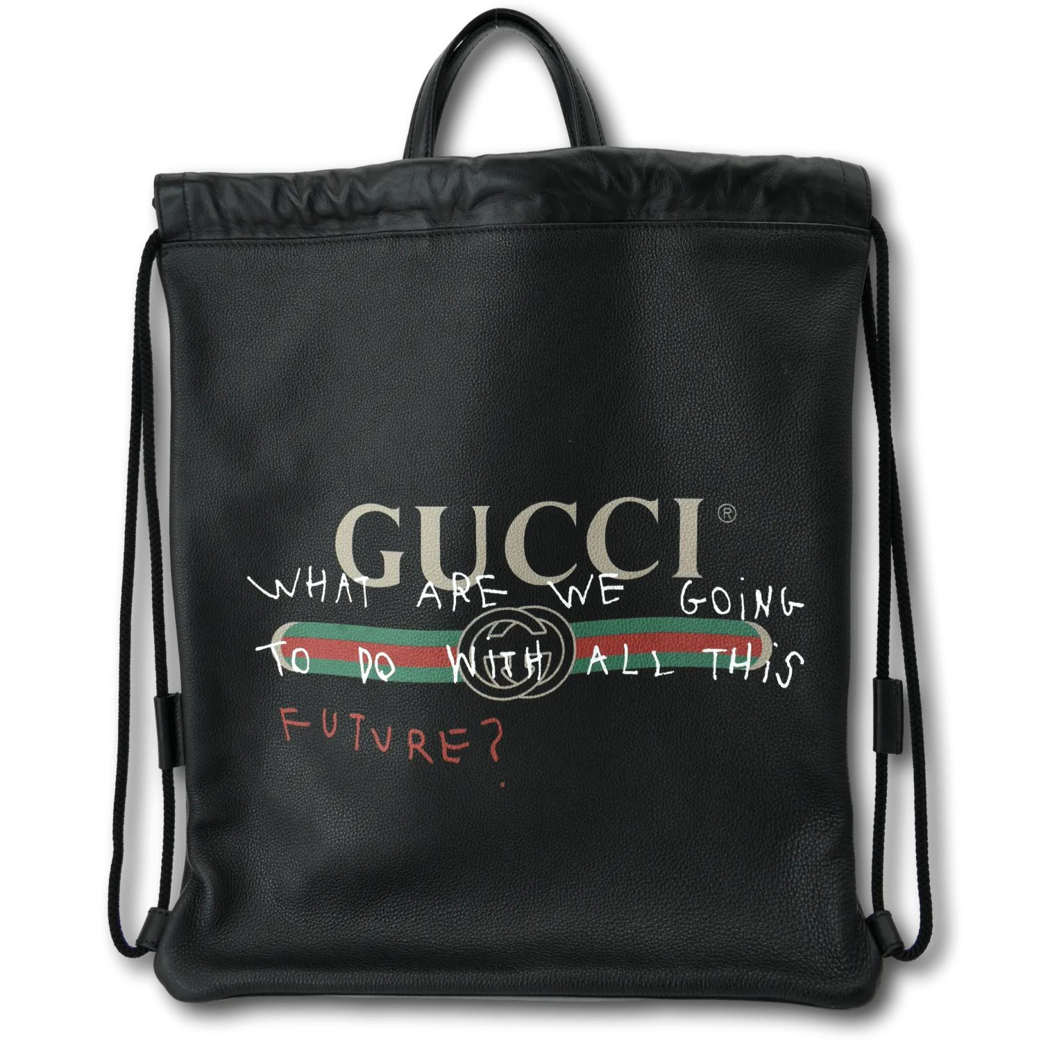 GUCCI Drawstring Print Leather Backpack Bag Black 494053
