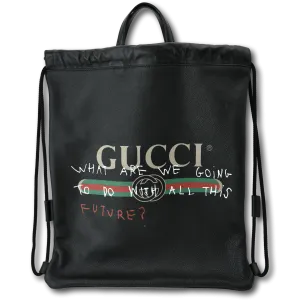 GUCCI Drawstring Print Leather Backpack Bag Black 494053
