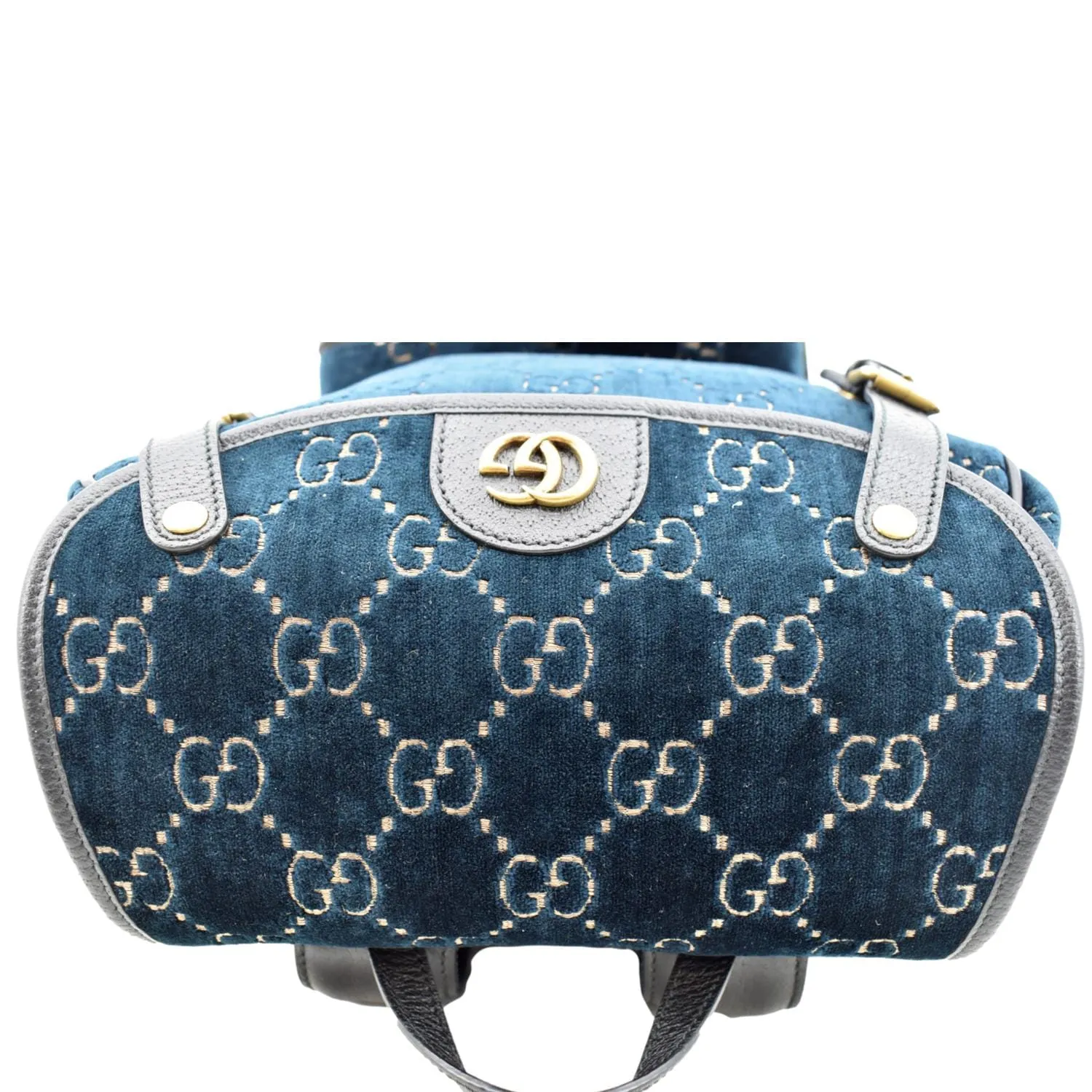 GUCCI GG Monogram Small Velvet Double Buckle Backpack Bag Blue 574942