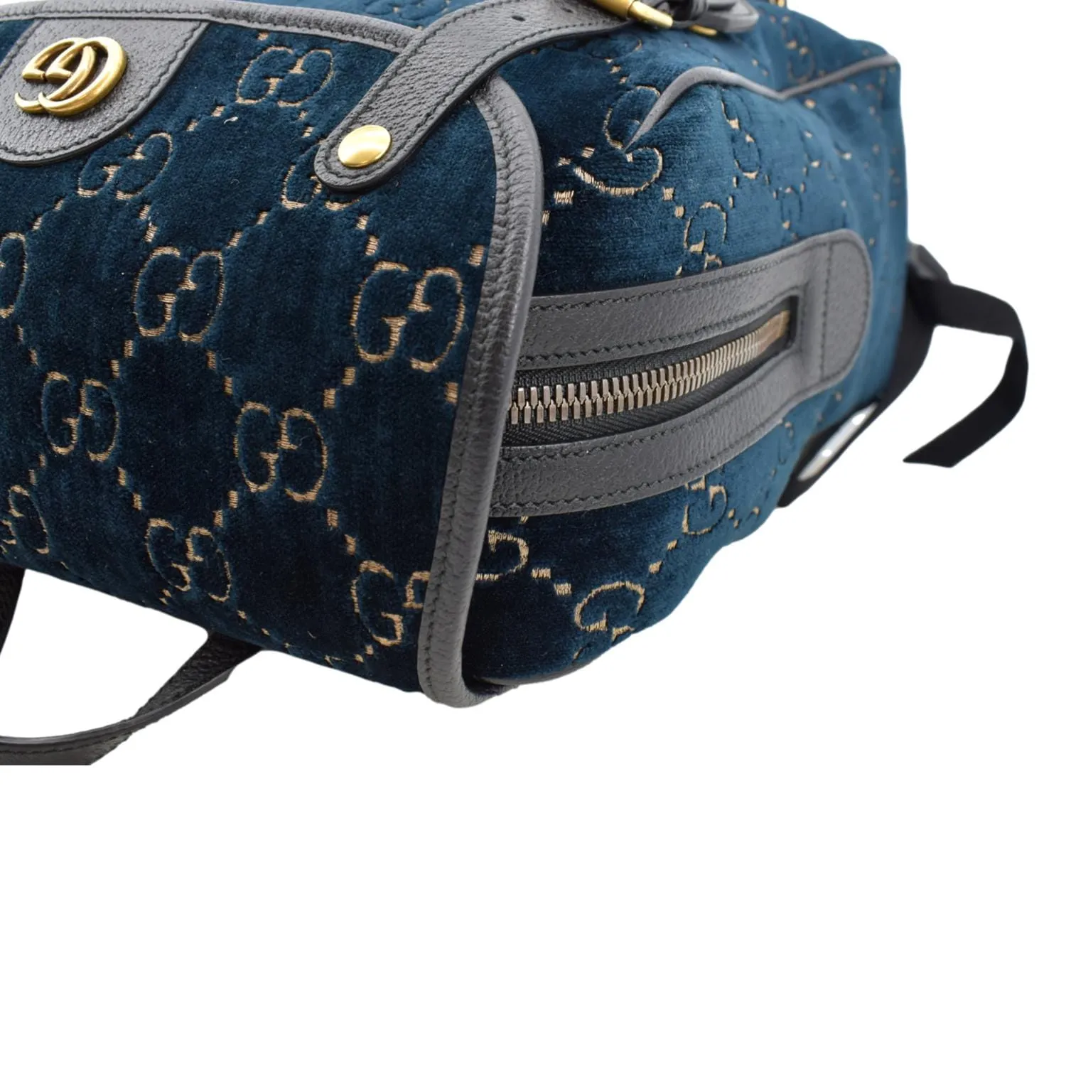 GUCCI GG Monogram Small Velvet Double Buckle Backpack Bag Blue 574942