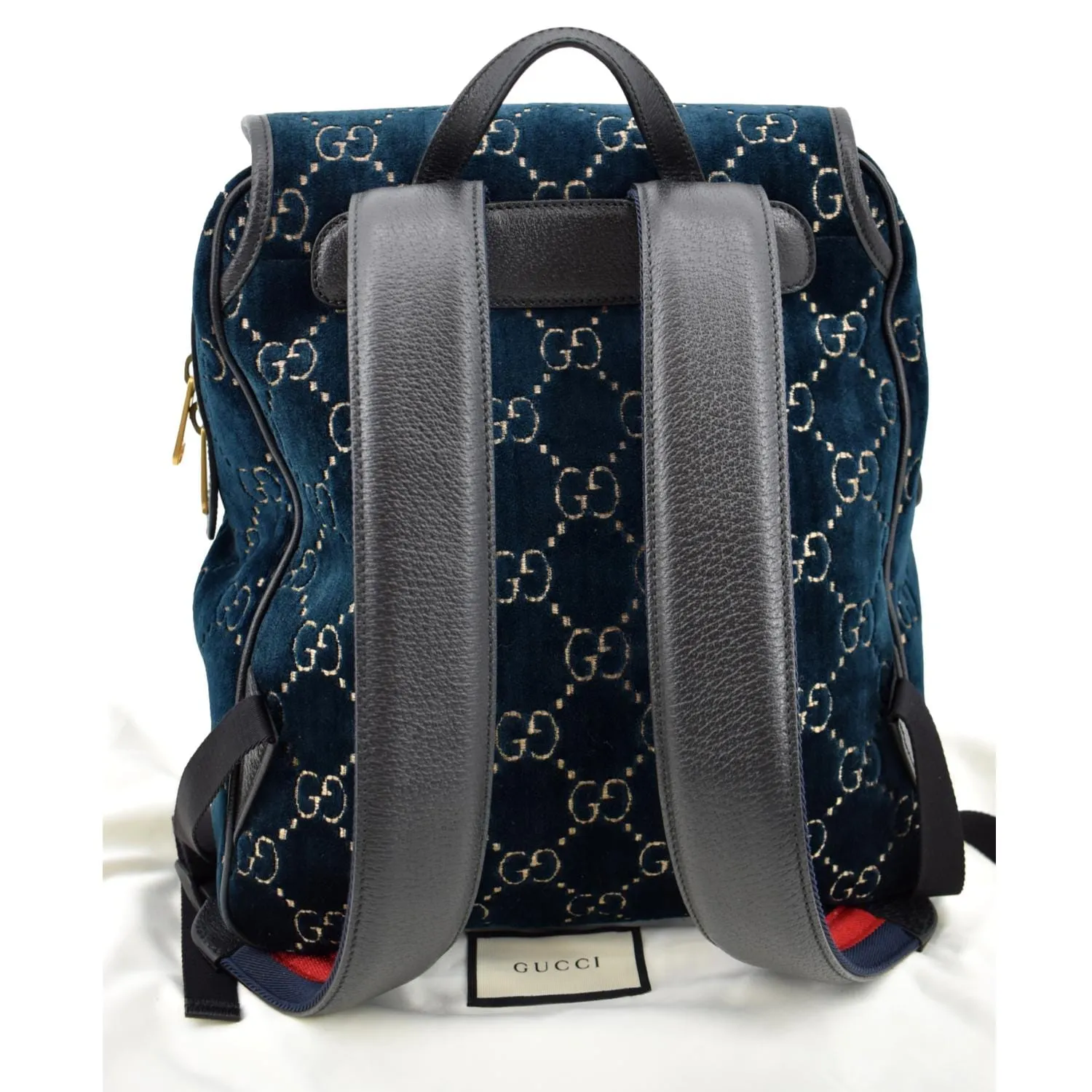 GUCCI GG Monogram Small Velvet Double Buckle Backpack Bag Blue 574942