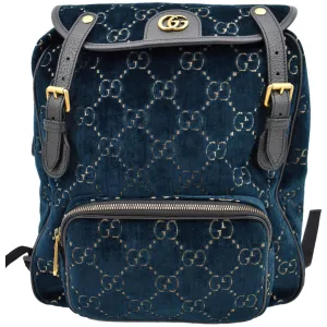 GUCCI GG Monogram Small Velvet Double Buckle Backpack Bag Blue 574942