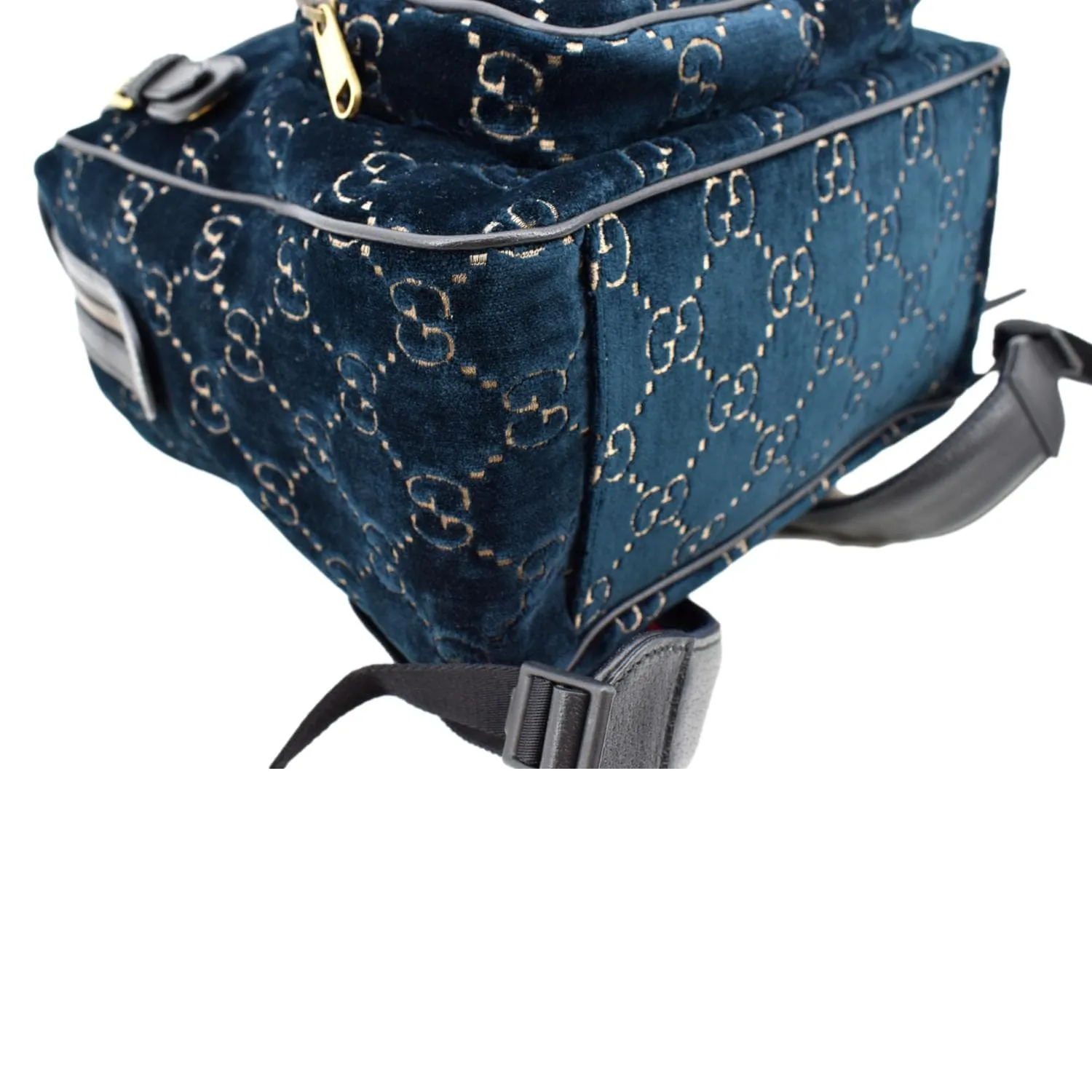 GUCCI GG Monogram Small Velvet Double Buckle Backpack Bag Blue 574942