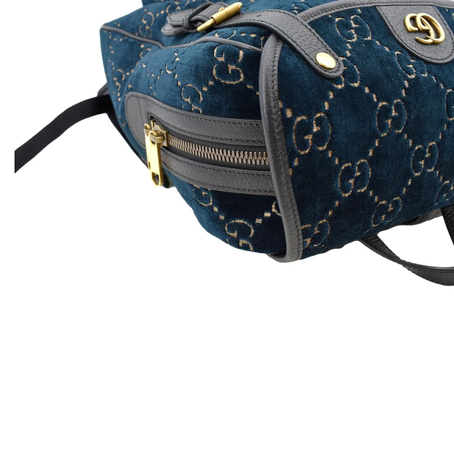 GUCCI GG Monogram Small Velvet Double Buckle Backpack Bag Blue 574942