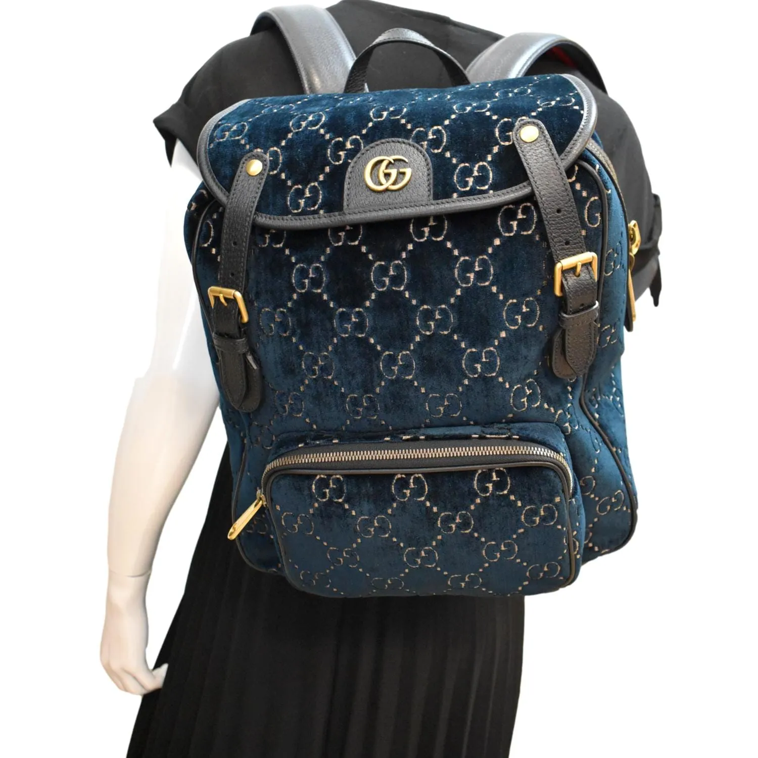 GUCCI GG Monogram Small Velvet Double Buckle Backpack Bag Blue 574942