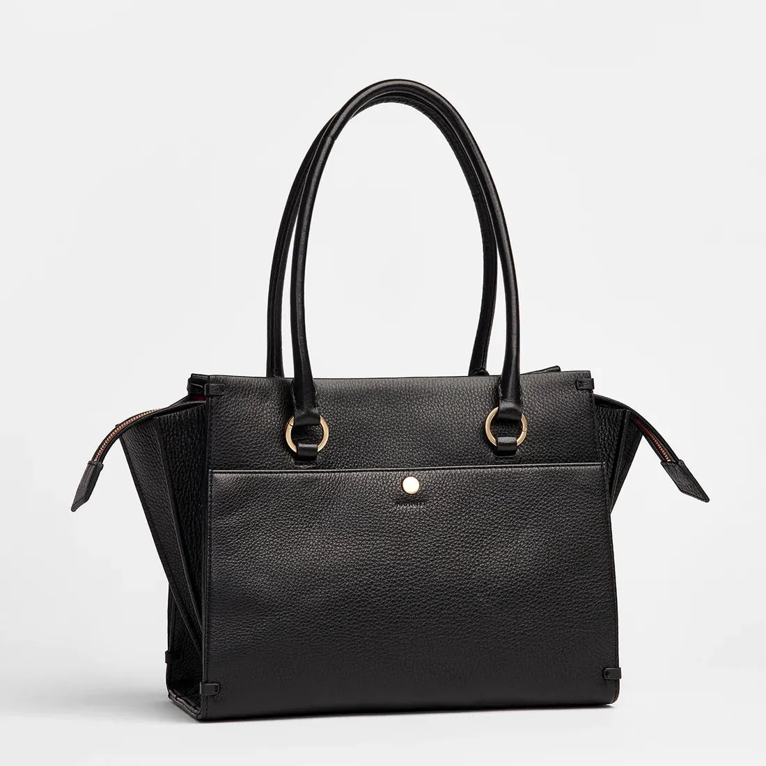 Hammitt Allen Large Black/Brushed Gold Red Zip Leather Tote Bag