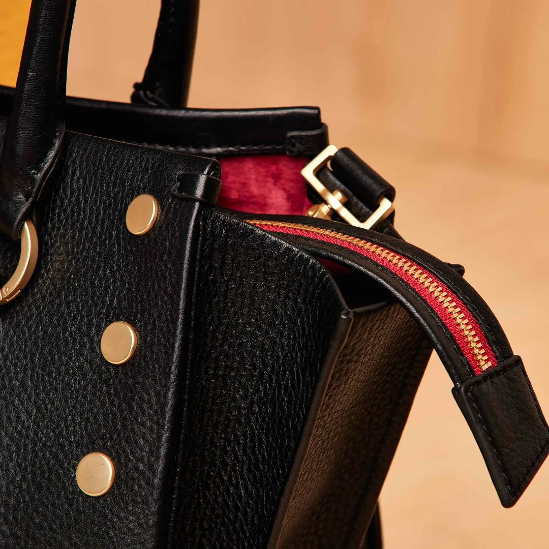 Hammitt Allen Large Black/Brushed Gold Red Zip Leather Tote Bag