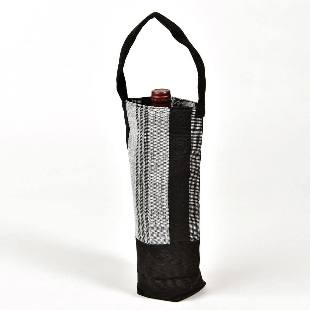 Hand Woven Wine Bottle Tote | Single in Black & Gray Stripe