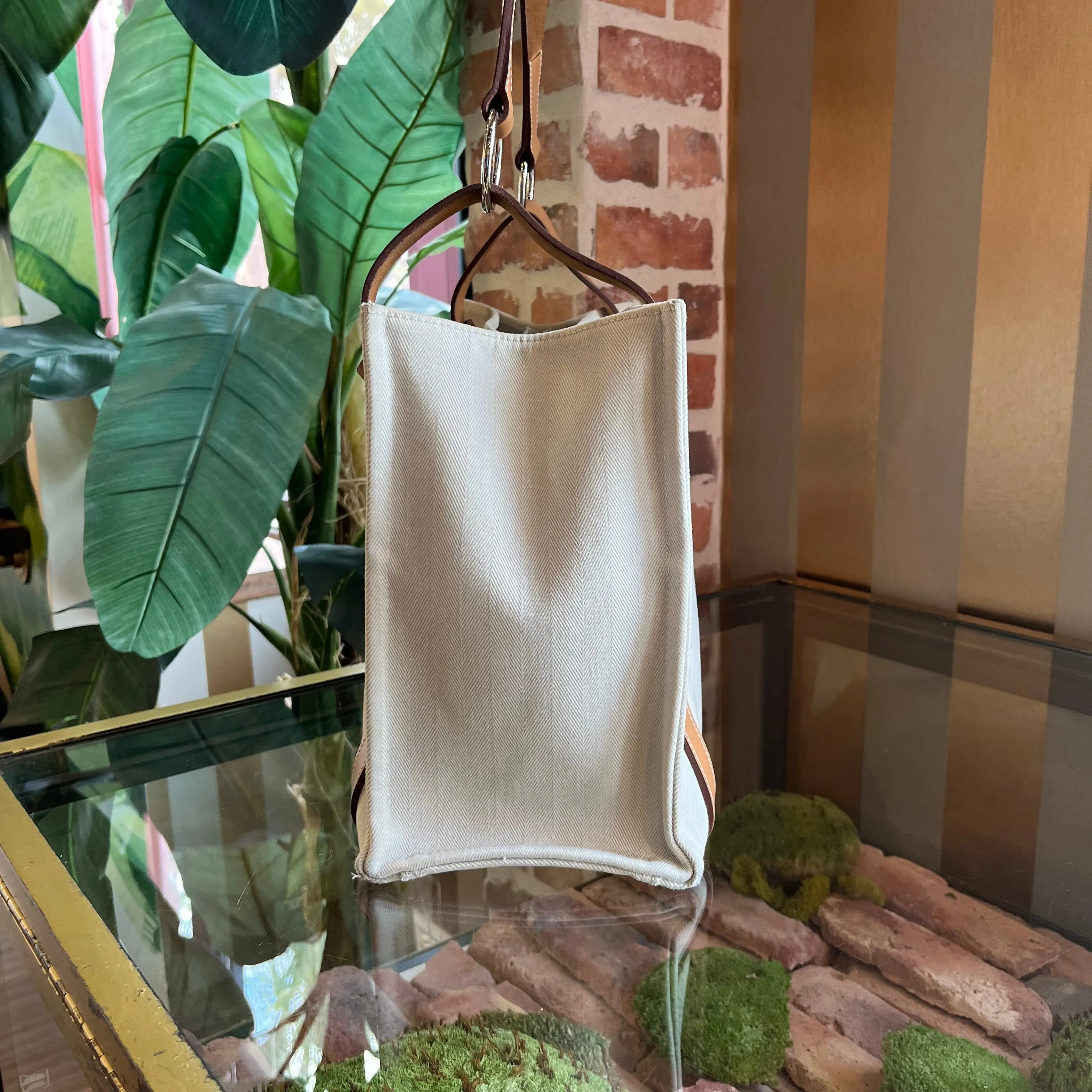 HERMES Toile Chevron Cabalicol Natural Hunter Calfskin Tote