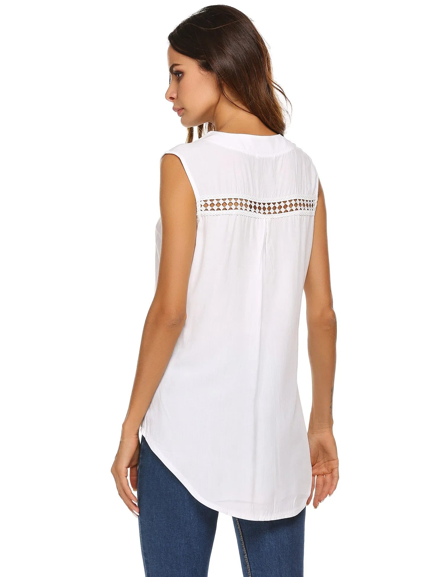 kukucco Women Loose V-Neck Sleeveless Irregular Hem Hollow Out Solid Top Blouse