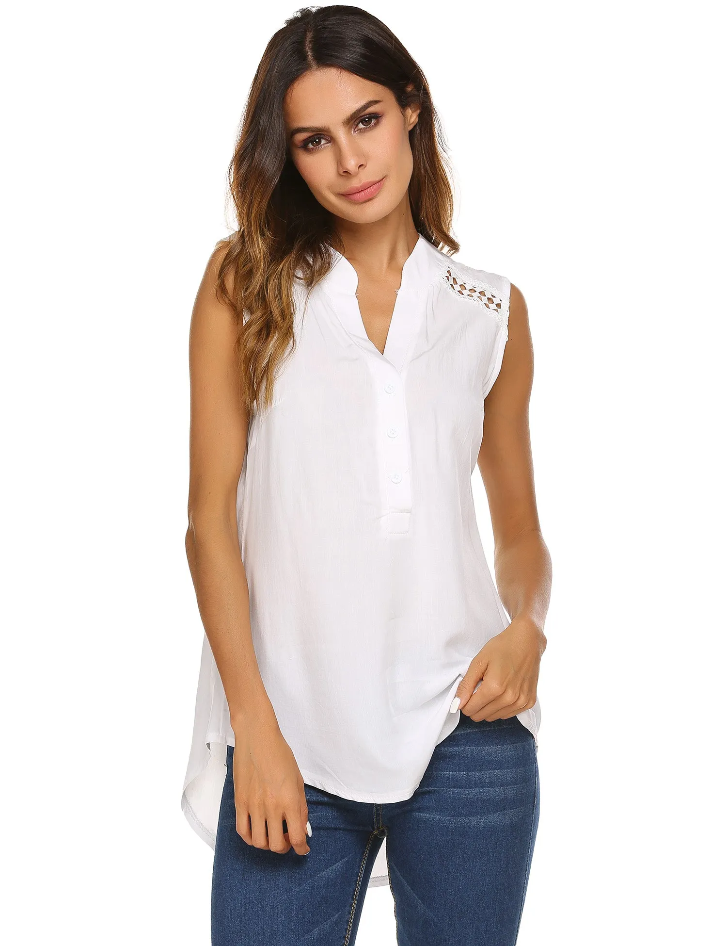 kukucco Women Loose V-Neck Sleeveless Irregular Hem Hollow Out Solid Top Blouse