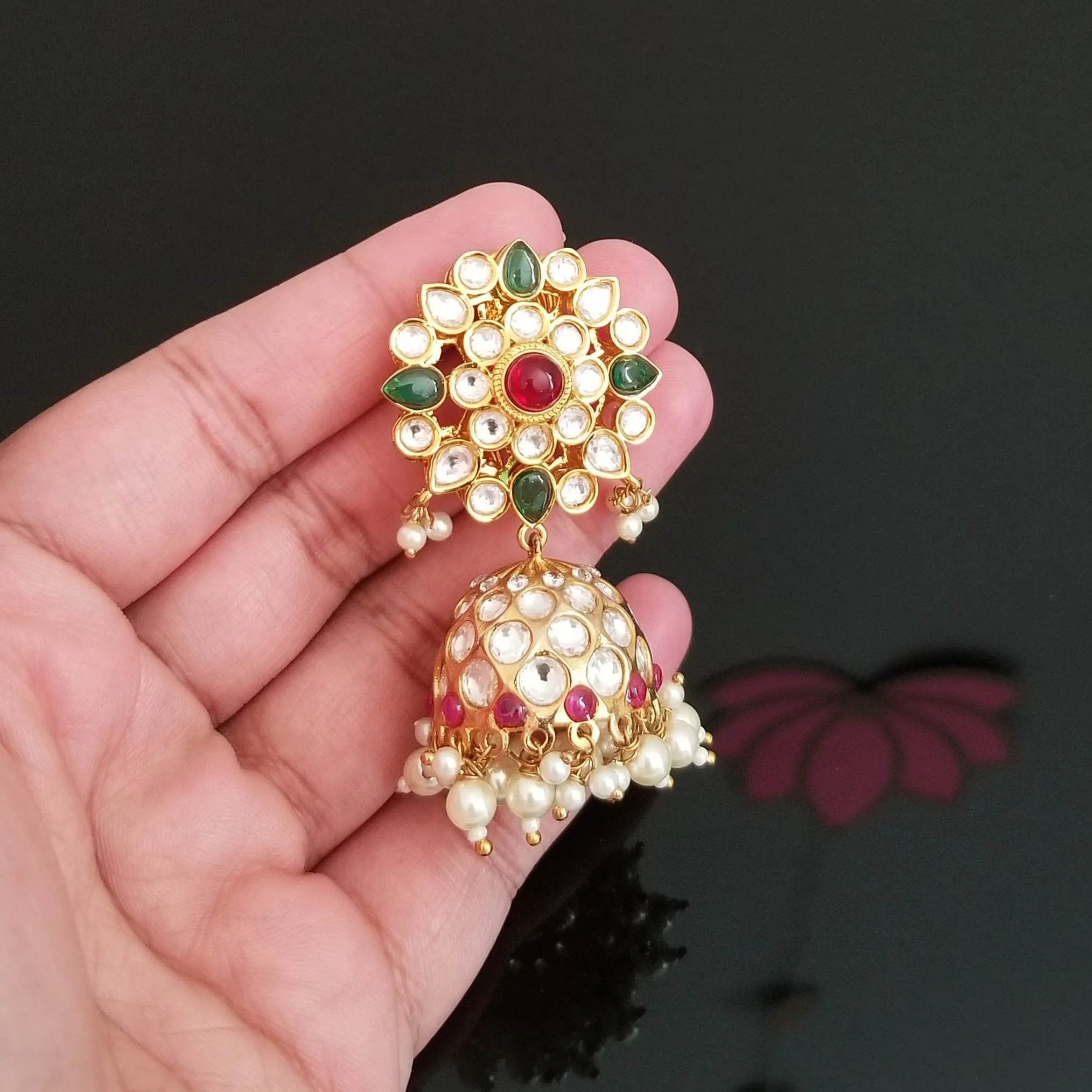 Kundan Jhumkas With Gold Finish