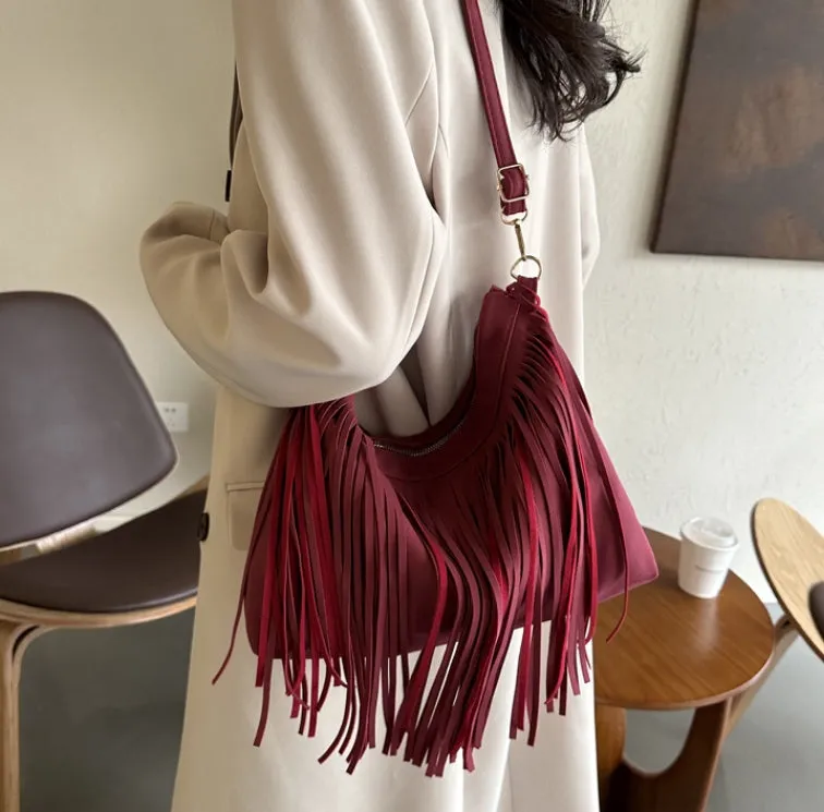Large Capacity Vintage Tassel Casual Tote Crossbody Shoulder Bag.W-240802-5