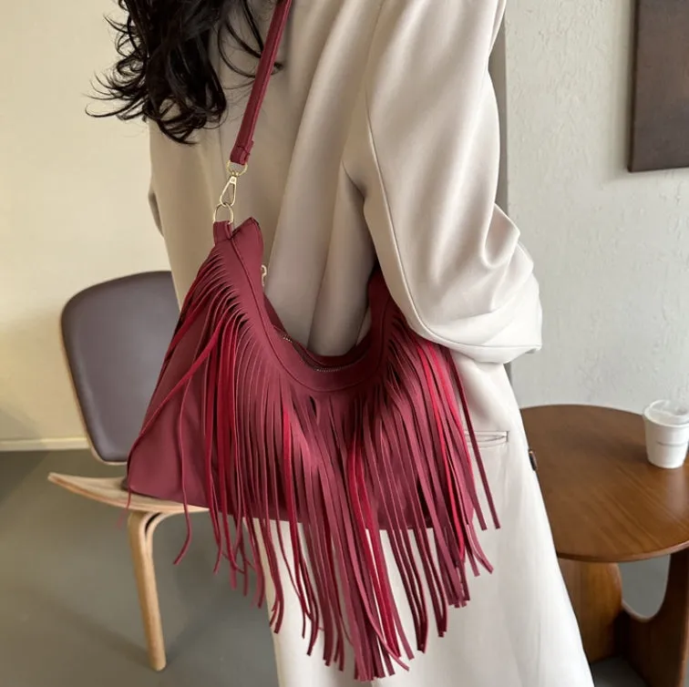 Large Capacity Vintage Tassel Casual Tote Crossbody Shoulder Bag.W-240802-5
