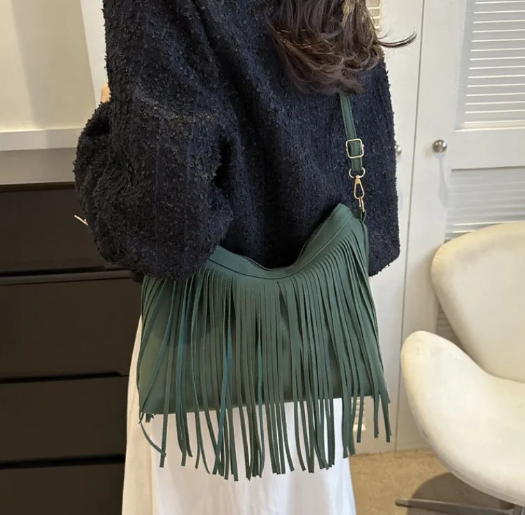Large Capacity Vintage Tassel Casual Tote Crossbody Shoulder Bag.W-240802-5