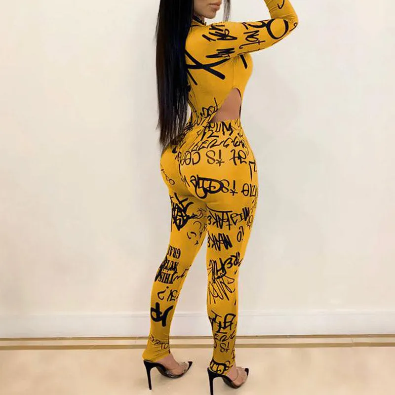 Letter Print Long Sleeve Two Piece Set