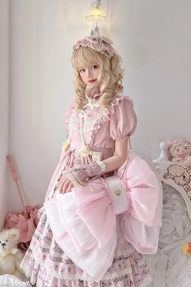 Light Pink Big Bowknot Metal Heart Nameplate Lolita Backpack