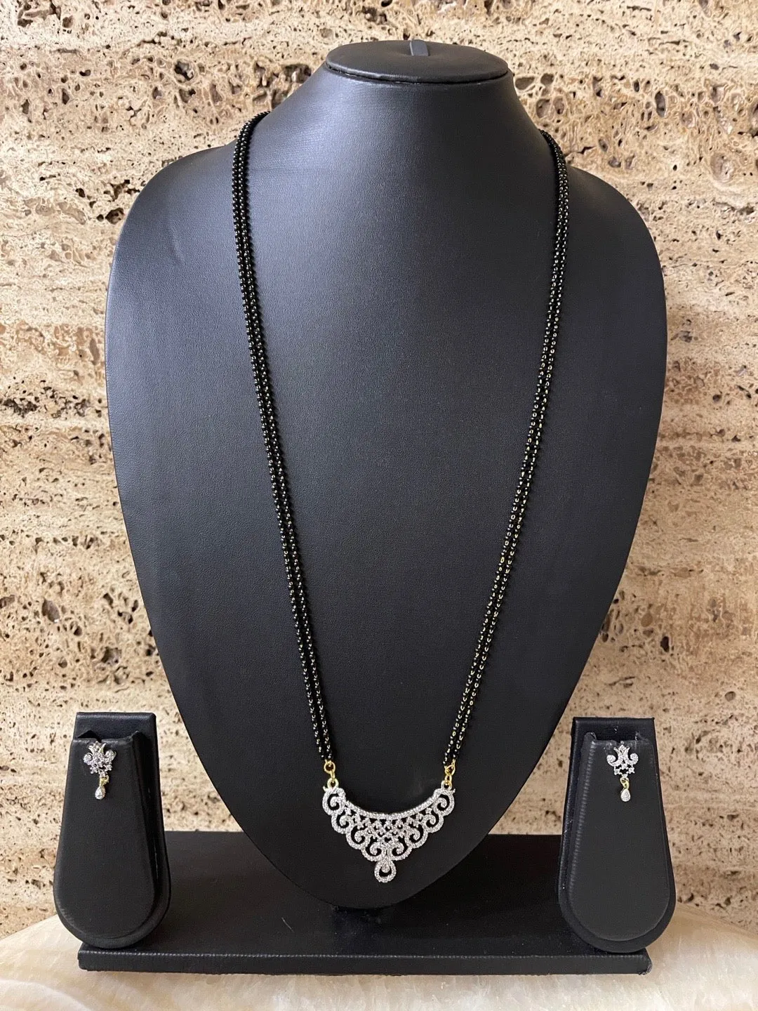 Long Gold Artificial American Diamond Mangalsutra Set Modern Simple Trendy 2 Line Black Beads Chain